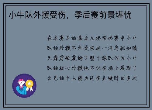 小牛队外援受伤，季后赛前景堪忧