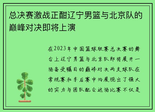 总决赛激战正酣辽宁男篮与北京队的巅峰对决即将上演